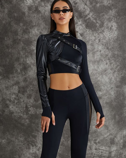 ❤ZASUWA Female PU Net Thumbholes High-rise Hip-lift Leggings