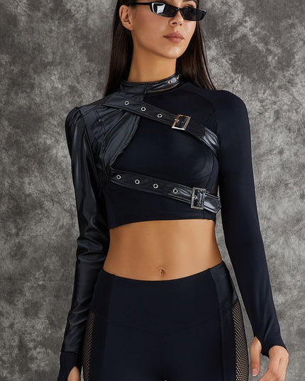 ❤ZASUWA Female PU Net Thumbholes High-rise Hip-lift Sportswear