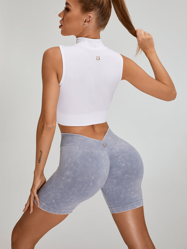 ZASUWA Female Deep V Back Faux Denim Scrunch Bum Ribbed Zipper Short Tracksuit