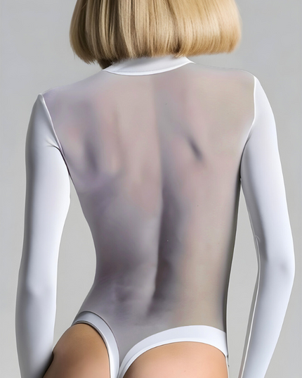 ❤ZASUWA Female Sexy Deep V See-Through Mesh Patchwork Long Sleeve Bodysuit