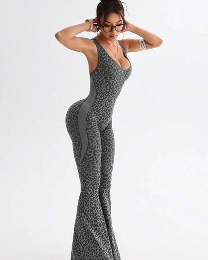 ZASUWA Female Sexy Leopard Print Hollow Out Cross Back Deep V Back Jumpsuit