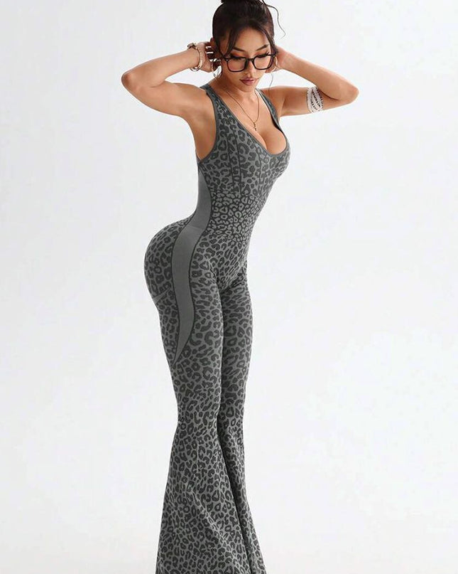 ZASUWA Female Sexy Leopard Print Hollow Out Cross Back Deep V Back Jumpsuit