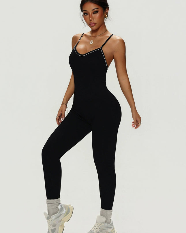 ZASUWA Female Sexy Cross Back Contrast Color Elastic Tight Quick Dry Jumpsuit