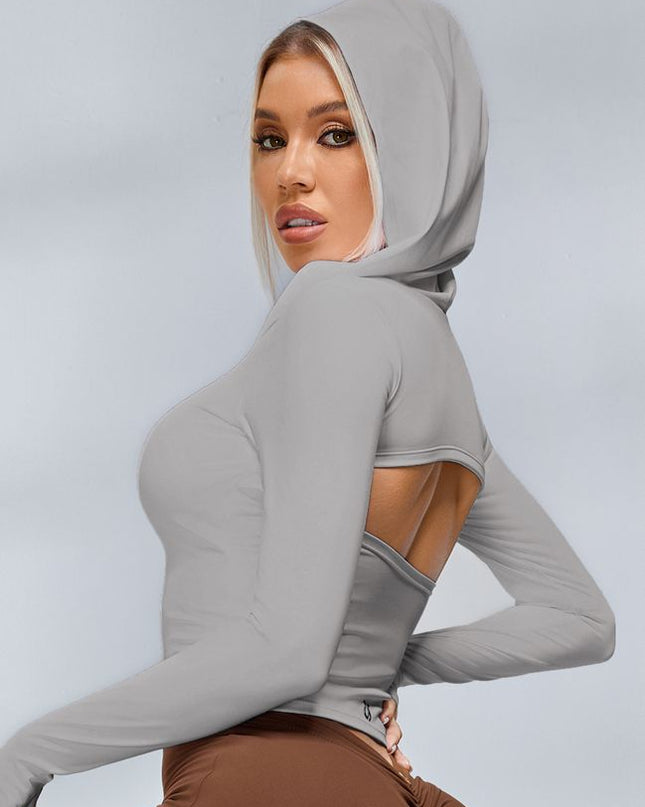 ZASUWA Female Solid Color Hollow Out Hooded Elastic Tight Long Sleeves