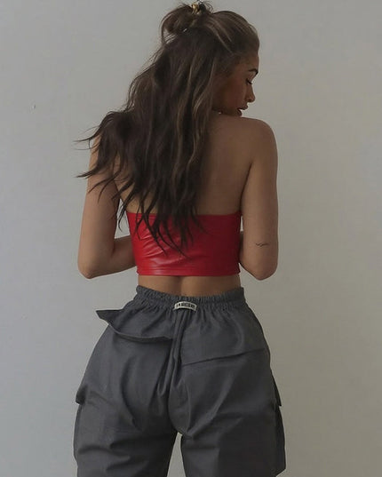 ZASUWA Female Sexy Faux Leather Contrast Color Zipper Tank