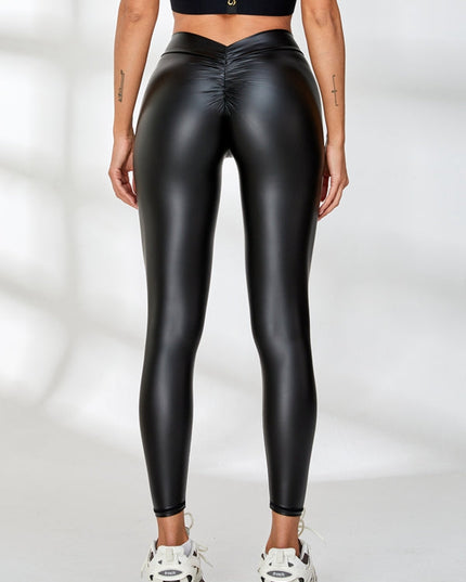 ❤ZASUWA Female Faux Leather Deep V Back Scrunch Bum Leggings