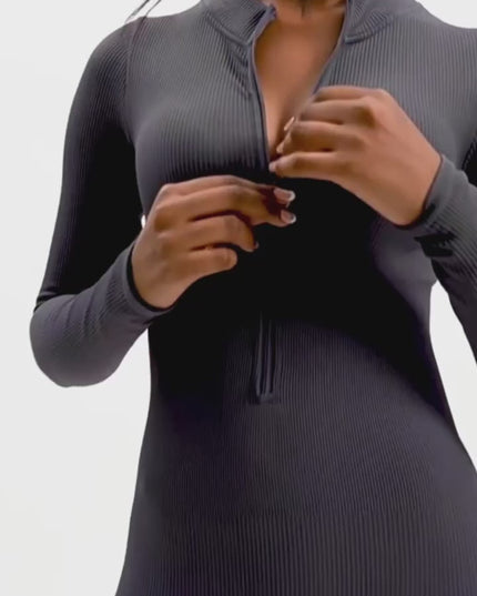 ZASUWA Female Ribbed Zipper Stand Collar Jumpsuit