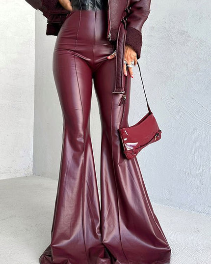 ZASUWA Female PU Leather Splicing Flare Pants