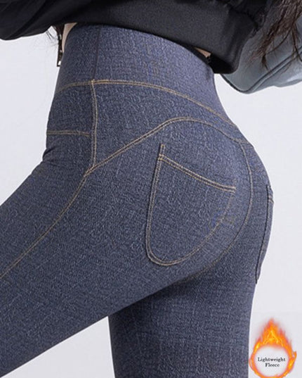 ZASUWA Female Denim Fleece Pocket Elastic Tight Leggings