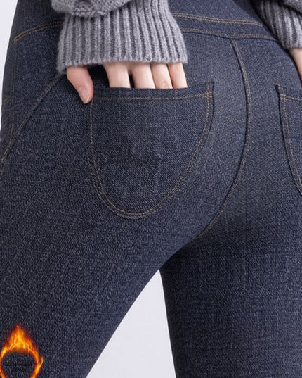 ZASUWA Female Denim Fleece Pocket Elastic Tight Leggings