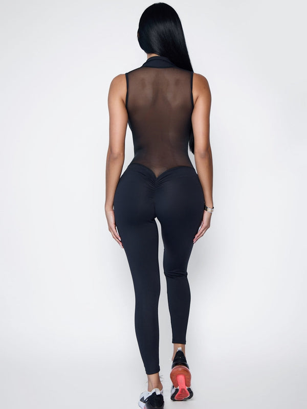 ❤ZASUWA Female Sexy Sheer Mesh Back Deep V Back Scrunch Bum Zipper Jumpsuit