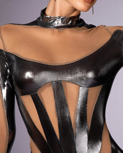 ZASUWA Female Glossy Faux Leather Mesh Jumpsuit