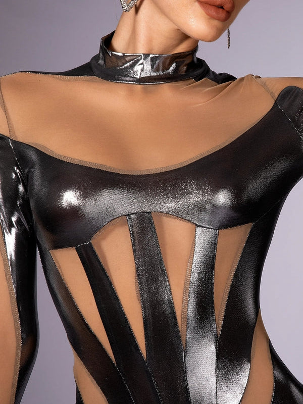 ZASUWA Female Glossy Faux Leather Mesh Jumpsuit