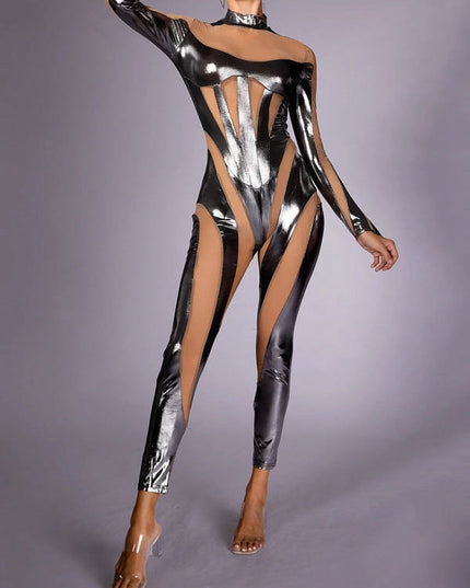 ZASUWA Female Glossy Faux Leather Mesh Jumpsuit