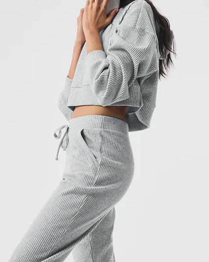 ZASUWA Female Velvet Ribbed Pocket Hooded Tracksuit