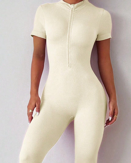 ZASUWA Female Ribbed Zipper Short Sleeves Jumpsuit