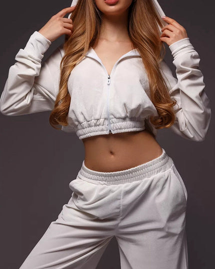 ZASUWA Female Velvet Zipper Pocket Hooded Casual Cropped Tracksuit