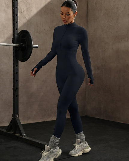 ZASUWA Female Solid Color Zipper Stand Up Collar Jumpsuit