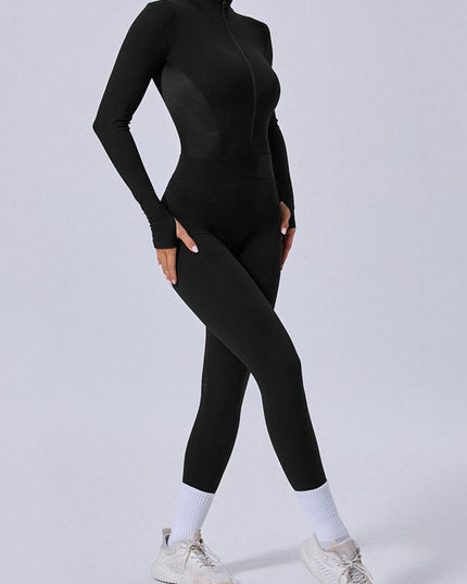 ZASUWA Female Push-Up Mesh Thumbhole Zipper Jumpsuit