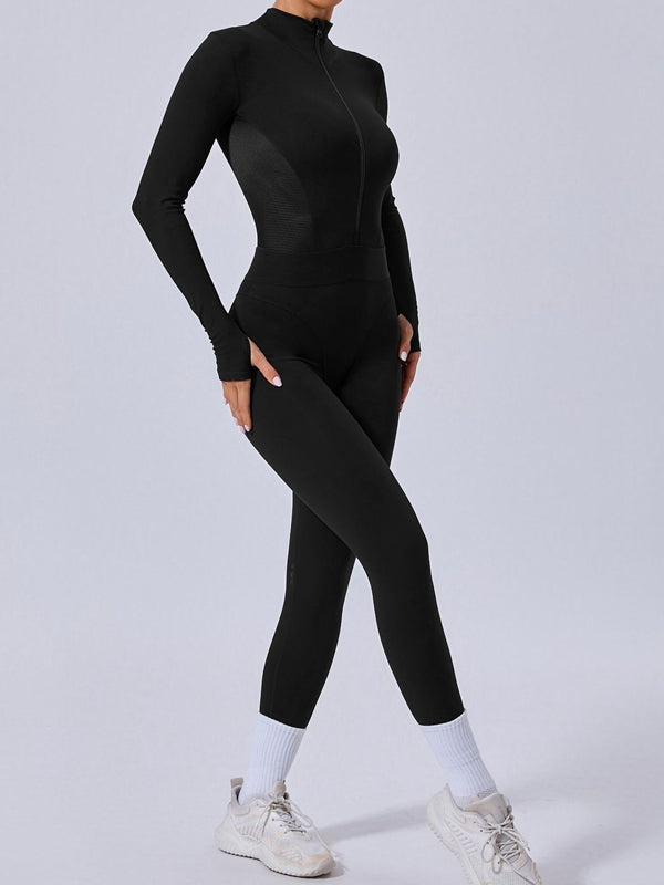 ZASUWA Female Push-Up Mesh Thumbhole Zipper Jumpsuit