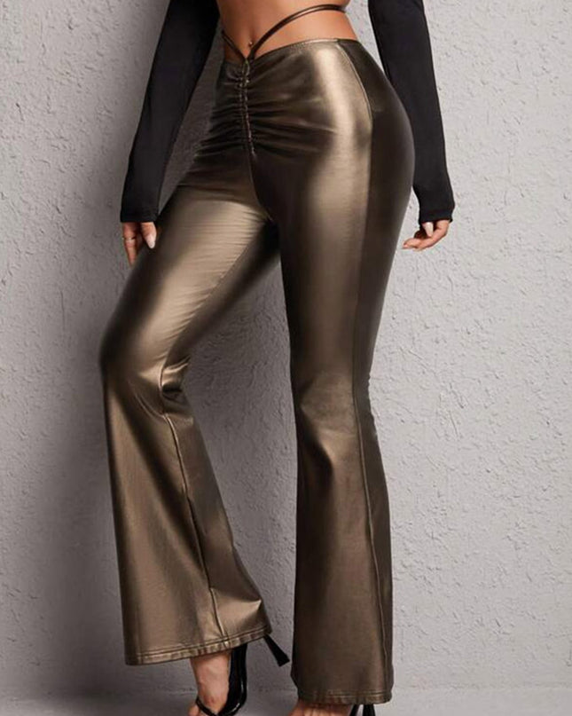 ZASUWA Female Faux Leather Lace-up Flare Pants