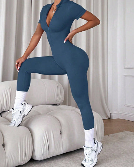 ZASUWA Female Ribbed Zipper Short Sleeves Jumpsuit