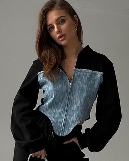 ZASUWA Female Contrast Color Denim Zipper Hoodie