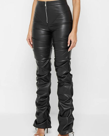 ZASUWA Female Faux Leather Folds Zipper Fashion Leggings