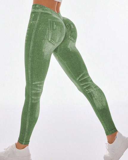 ZASUWA Female Deep V Back Denim Scrunch Bum Leggings