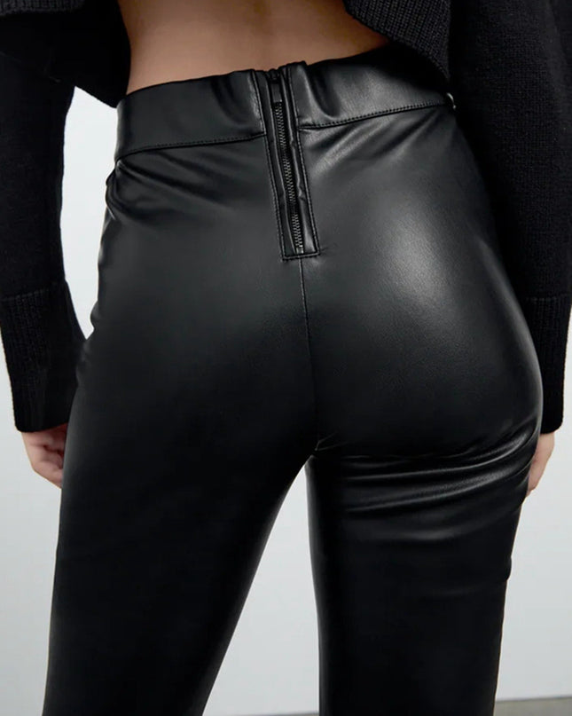 ZASUWA Female Zipper Faux Leather Lightweight Fleece Lined Leggings