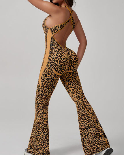 ZASUWA Female Sexy Leopard Print Hollow Out Cross Back Deep V Back Jumpsuit