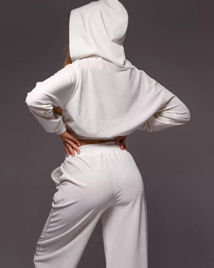 ZASUWA Female Velvet Zipper Pocket Hooded Casual Cropped Tracksuit