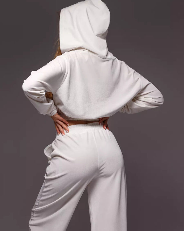 ZASUWA Female Velvet Zipper Pocket Hooded Casual Cropped Tracksuit