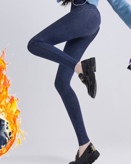 ZASUWA Female Denim Fleece Pocket Elastic Tight Leggings