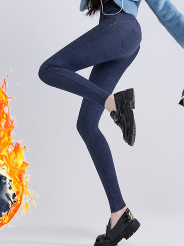 ZASUWA Female Denim Fleece Pocket Elastic Tight Leggings