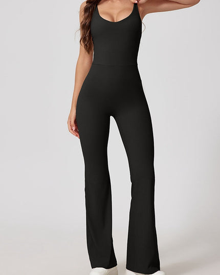 ZASUWA Female Sexy Ribbed Cross Back Flare Jumpsuit