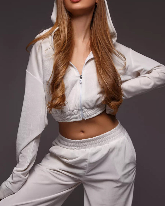 ZASUWA Female Velvet Zipper Pocket Hooded Casual Cropped Tracksuit