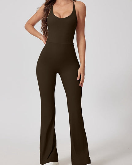 ZASUWA Female Sexy Ribbed Cross Back Flare Jumpsuit