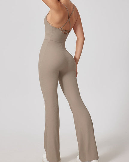 ZASUWA Female Sexy Ribbed Cross Back Flare Jumpsuit