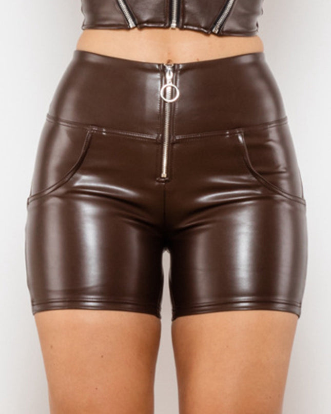 ZASUWA Female Glossy Faux Leather Zipper Pocket Shorts