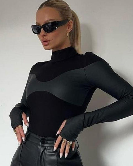 ZASUWA Female Faux Leather Stand Collar Bodysuit