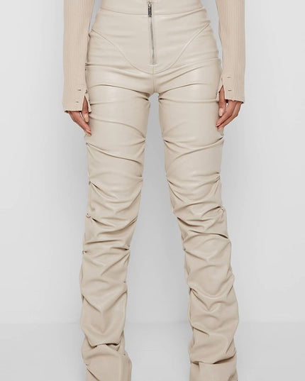 ZASUWA Female Faux Leather Folds Zipper Fashion Leggings