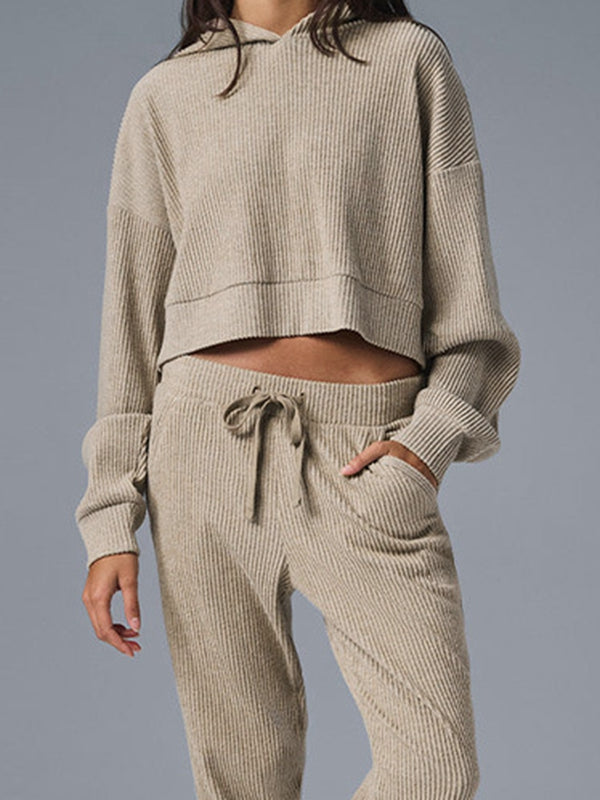 ZASUWA Female Velvet Ribbed Pocket Hooded Tracksuit