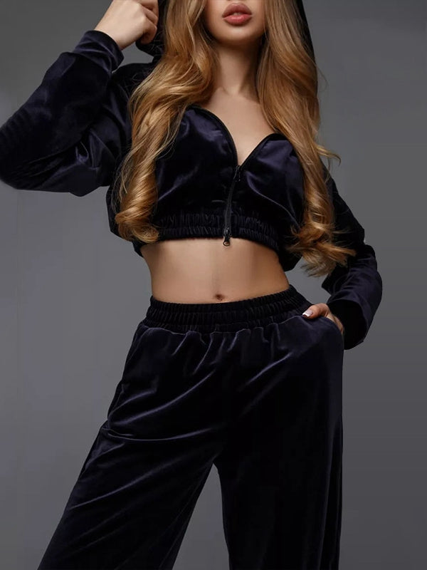 ZASUWA Female Velvet Zipper Pocket Hooded Casual Cropped Tracksuit