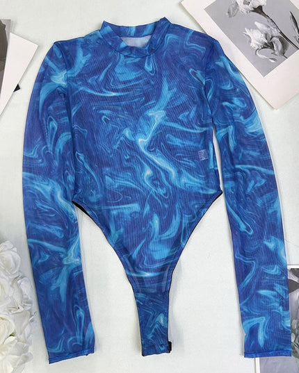 ZASUWA Female Sexy Hot Tie-dye Print Sheer Mesh Bodysuit