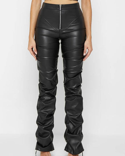 ZASUWA Female Faux Leather Folds Zipper Fashion Leggings