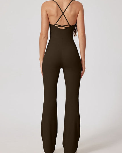 ZASUWA Female Sexy Ribbed Cross Back Flare Jumpsuit