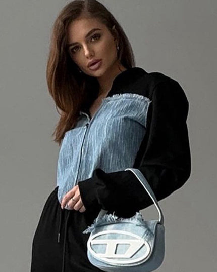 ZASUWA Female Contrast Color Denim Zipper Hoodie