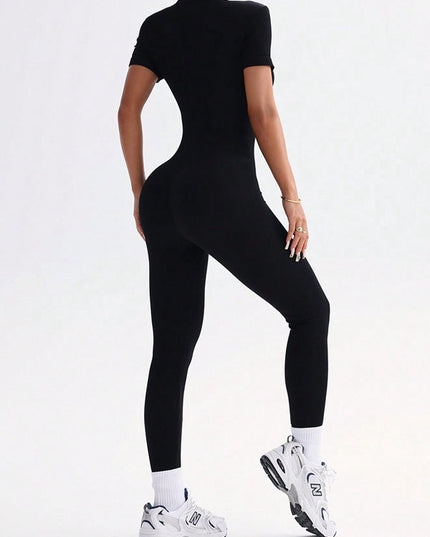 ZASUWA Female Ribbed Zipper Short Sleeves Jumpsuit