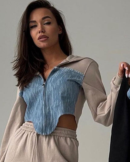 ZASUWA Female Contrast Color Denim Zipper Hoodie